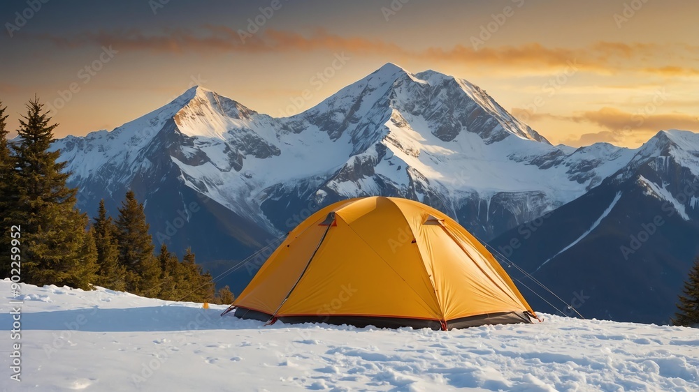 gold tent for camping on a snowy mountain peak backgro background gold tent for camping on a snowy mountain peak backgro background