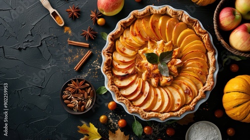 Fruitful apple and pumpkin pie made in a round multivarka with ingredients on a black table viewed from the top photo