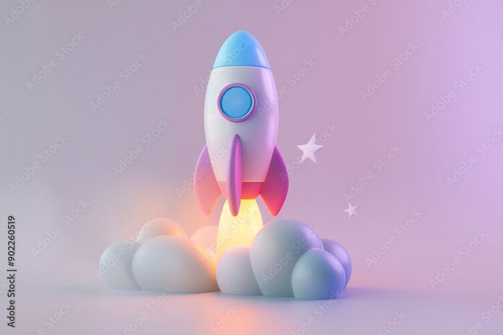 Colorful 3D Rocket Launching from Cloudy Ground Colorful 3D Rocket Launching from Cloudy Ground