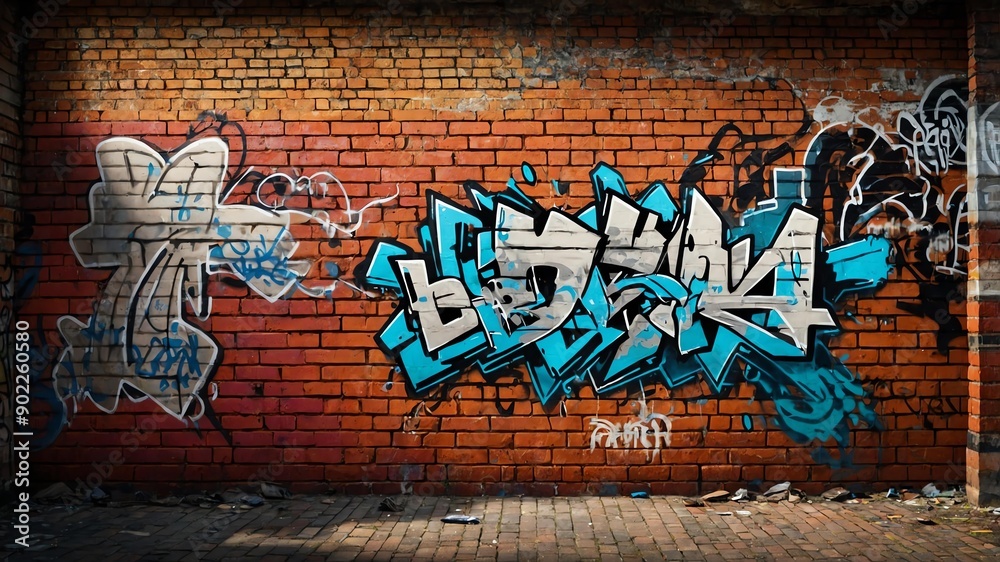 Fototapeta premium red brick wall with grungy texture and graffiti for ba background