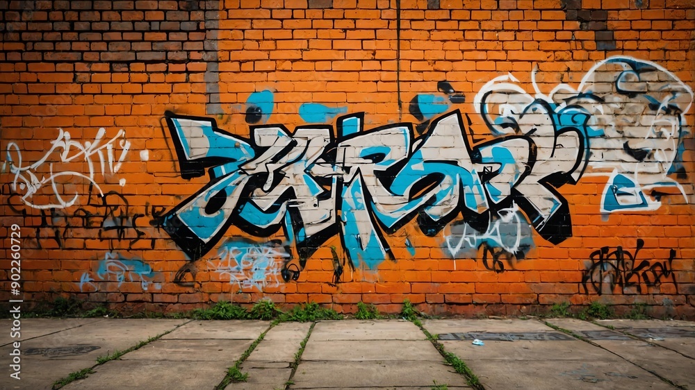 Fototapeta premium orange brick wall with grungy texture and graffiti for background