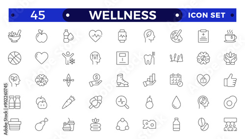 Set of outline icons related to wellness, wellbeing, mental health, healthcare, cosmetics, spa, medical, massage, yoga, spa, relaxation,  exercise, diet,. Outline icon collection. Wellness icon set.