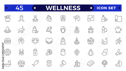 Set of outline icons related to wellness, wellbeing, mental health, healthcare, cosmetics, spa, medical, massage, yoga, spa, relaxation,  exercise, diet,. Outline icon collection. Wellness icon set.