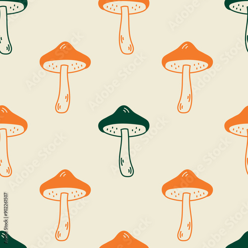 Mushrooms Doodle Line Seamless Pattern. Hand drawn cute forest background. Autumn Fall theme. Repeat vector illustration in sketch style