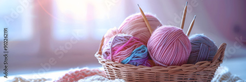 Basket of yarn with knitting needles photo