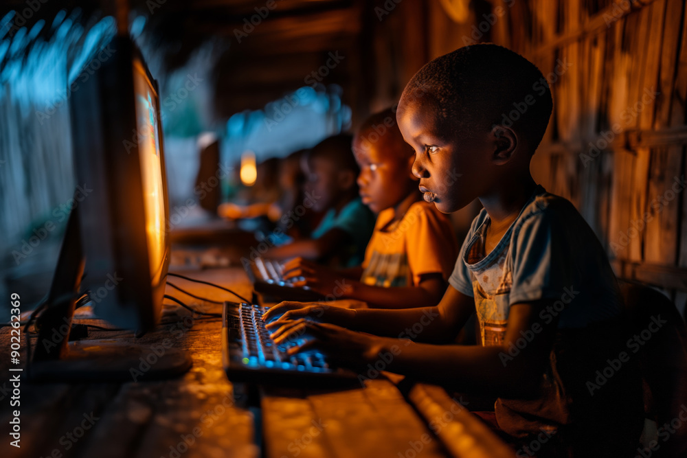 Children Engaged in Learning on Computers at an Outdoor Classroom During Dusk Children Engaged in Learning on Computers at an Outdoor Classroom During Dusk