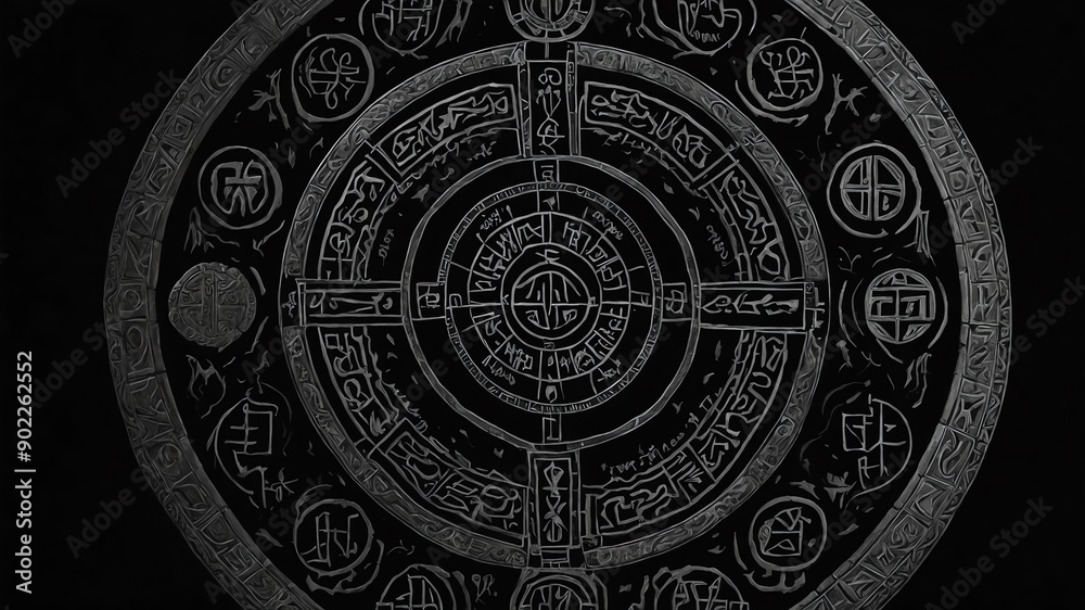 top view of an ancient runic magic circle with grey li background top view of an ancient runic magic circle with grey li background
