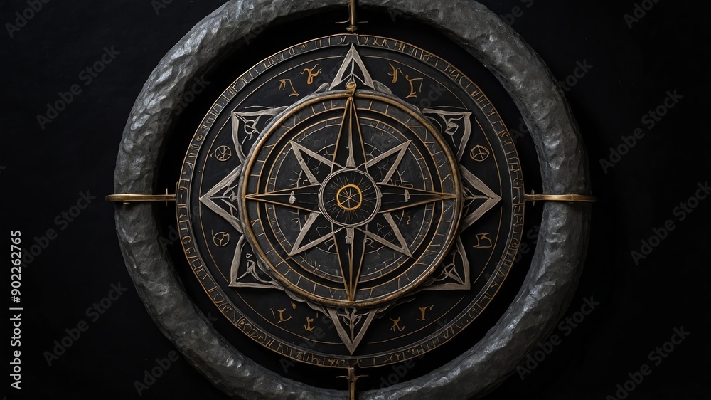 Fototapeta premium top view of an ancient alchemy magic circle with grey background