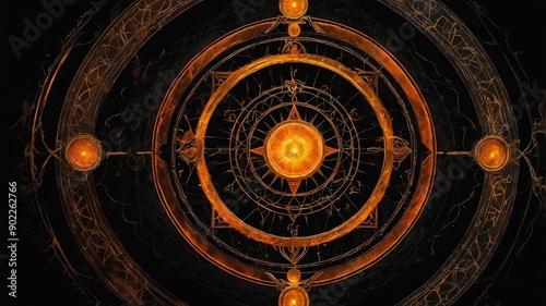 top view of an ancient alchemy magic circle with orang background