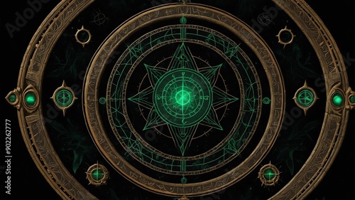 top view of an ancient alchemy magic circle with green background