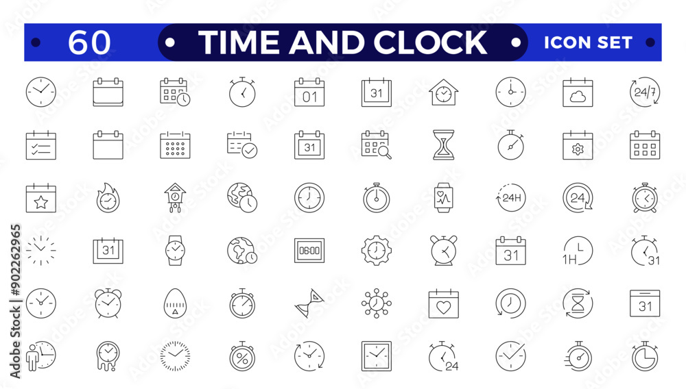 Time icon set. Timer, alarm, schedule, hourglass, clock icons. Outline time and clock  icon collection.