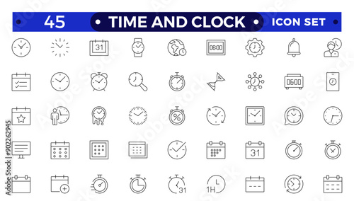 Time icon set. Timer, alarm, schedule, hourglass, clock icons. Outline time and clock  icon collection.