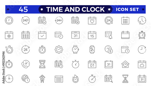 Time icon set. Timer, alarm, schedule, hourglass, clock icons. Outline time and clock  icon collection.