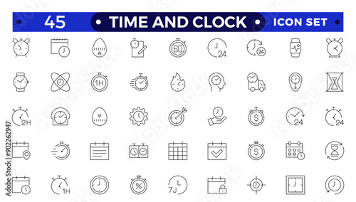 Time icon set. Timer, alarm, schedule, hourglass, clock icons. Outline time and clock  icon collection.