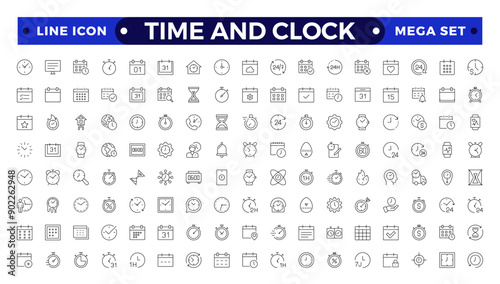 Time icon set. Timer, alarm, schedule, hourglass, clock icons. Outline time and clock  icon collection.