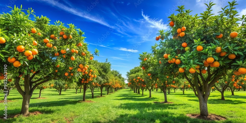 Fototapeta premium Vibrant orange trees laden with juicy orbs stretch towards clear blue sky amidst lush green foliage on a sun-kissed citrus fruit farm landscape.