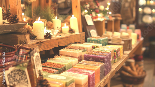 A vibrant festive market stall with a display of handmade candles, organic soaps, and natural skincare products.