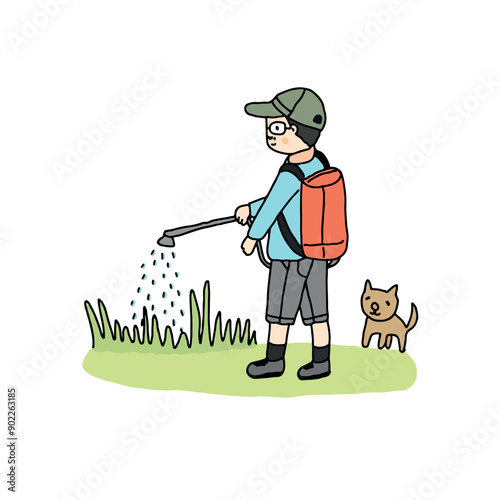 Farmer spraying pesticide in farm, hand drawn style vector illustration