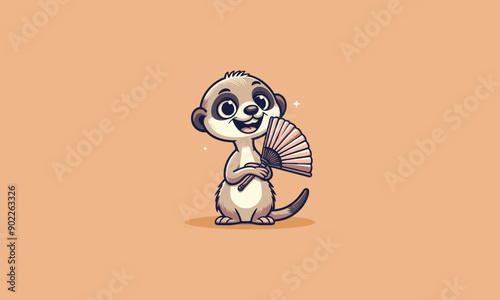 The meerkat character smiles broadly while holding a fan in his hand vector mascot design