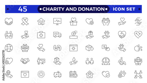 charity and donation icon set. Charity and Volunteering thin line style of philanthropic icons: almsgiving, helping those in need, donation, contribution, humanism, altruism