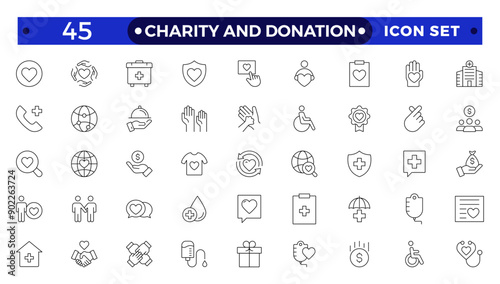 charity and donation icon set. Charity and Volunteering thin line style of philanthropic icons: almsgiving, helping those in need, donation, contribution, humanism, altruism