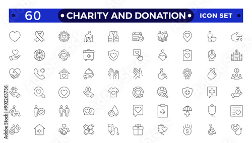 charity and donation icon set. Charity and Volunteering thin line style of philanthropic icons: almsgiving, helping those in need, donation, contribution, humanism, altruism