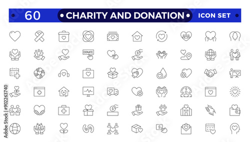 charity and donation icon set. Charity and Volunteering thin line style of philanthropic icons: almsgiving, helping those in need, donation, contribution, humanism, altruism
