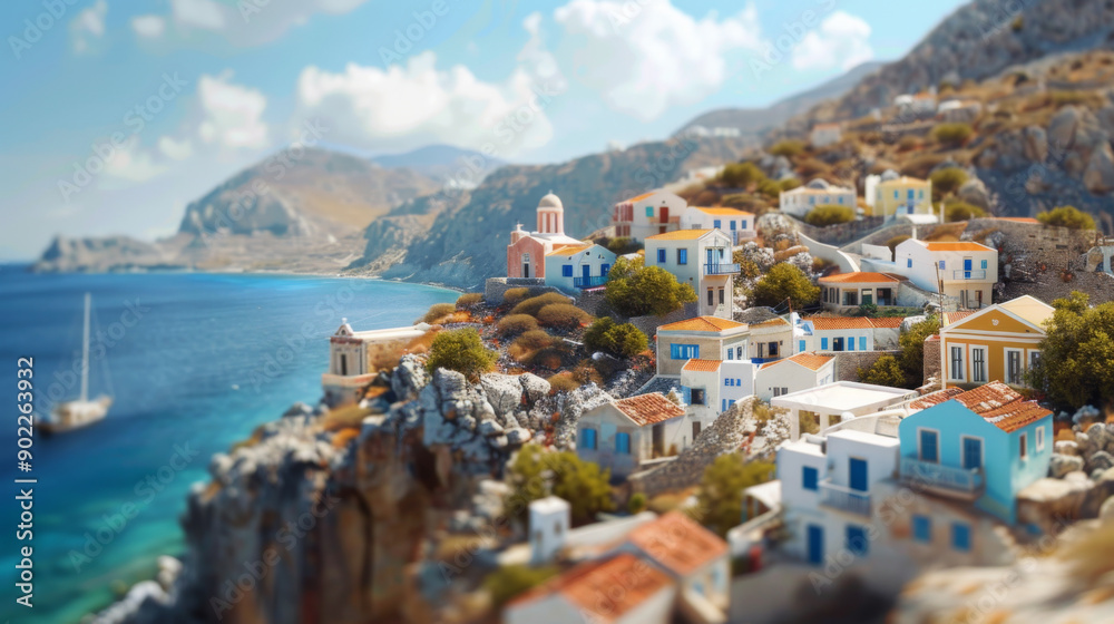 Naklejka premium Charming coastal village on a Greek island with colorful houses, picturesque landscapes, and a serene seaside view.