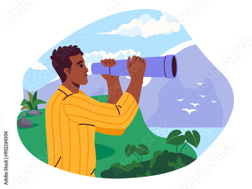 Man with telescope. Young guy in nature looks at mountains. Tourist and traveler near river or lake. Active lifestyle, camping and hiking. Flat vector illustration isolated on white background