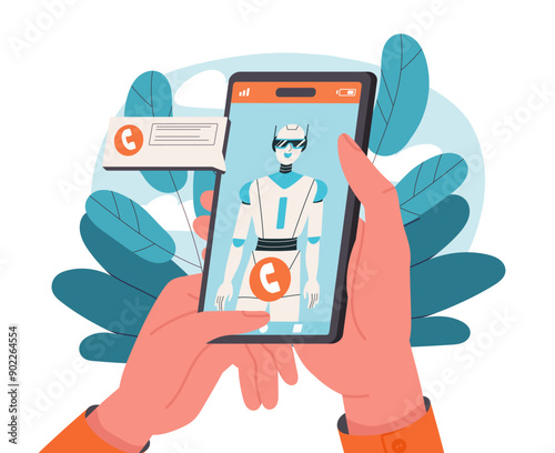 Ai in smartphone. Artificial intelligence and machine learning. Application with internet bot. Virtual helper or assistant at phone. Flat vector illustration isolated on white background