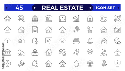 Real Estate minimal thin line web icon set. Included the icons as realty, property, mortgage, home loan and more. Outline icons collection. House, key, buy, sell, loan,  building, address, bedroom