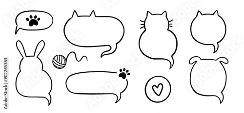 Cat dog pet frame, speech bubble cute set. Hand drawn sketch doodle line style animal pet frame design. Cat, dog paw cute talk speech bubble design. Puppy round footprint badge. Vector illustration.