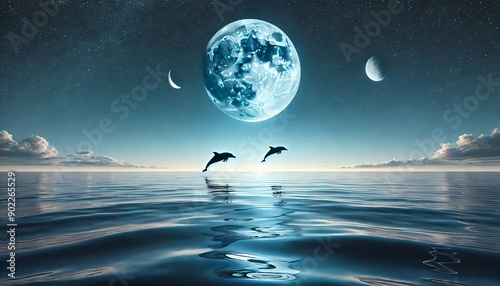  A hyper-realistic ocean night scene with the moon positioned low on the horizon and one dolphin jumping out of the water. The sky is filled with deep photo