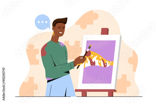 Man with art therapy. Young guy with brush in his hand stands near canvas. Creativity and art for mental health. Person in workshop or studio. Flat vector illustration isolated on white background