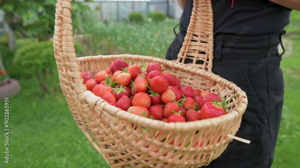A close-up of person holding a wicker basket filled with freshly picked strawberries in a lush garden. Ideal for themes related to fresh produce, gardening, and healthy eating High quality 4k footage A close-up of person holding a wicker basket filled with freshly picked strawberries in a lush garden. Ideal for themes related to fresh produce, gardening, and healthy eating High quality 4k footage