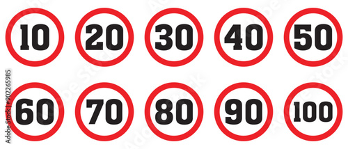 Speed limit signs. Set of generic speed limit signs. Maximum speed roadway signboard.Vector illustration. 