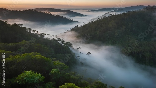 Misty Rainforest Mornings. Fog hanging over dense vegetation with the first light of dawn filtering through the trees. Experience the mystical beauty of rainforest mornings. photo