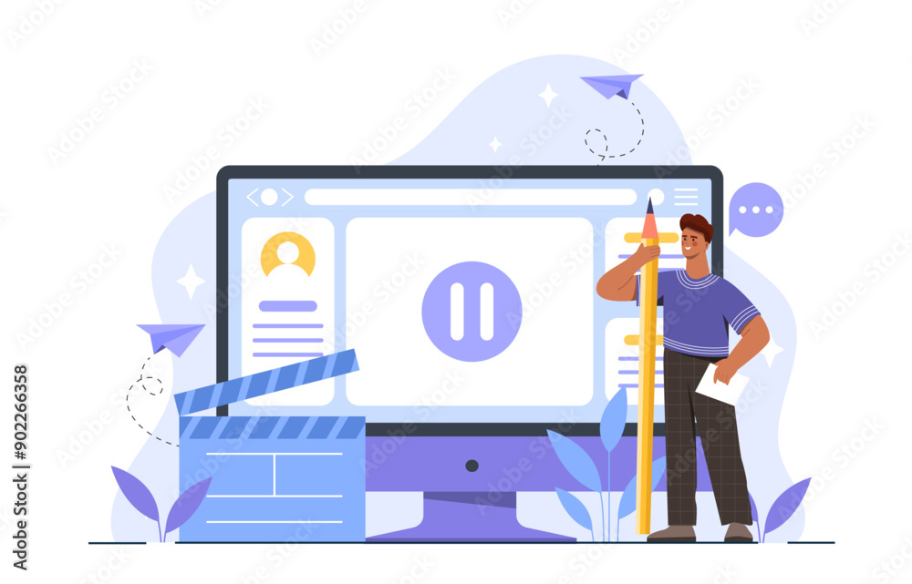Man with blogging. Young guy with huge pencil near computer monitor. Freelancer and copywriter comes up with interesting content for social networks and website. Flat vector illustration Man with blogging. Young guy with huge pencil near computer monitor. Freelancer and copywriter comes up with interesting content for social networks and website. Flat vector illustration