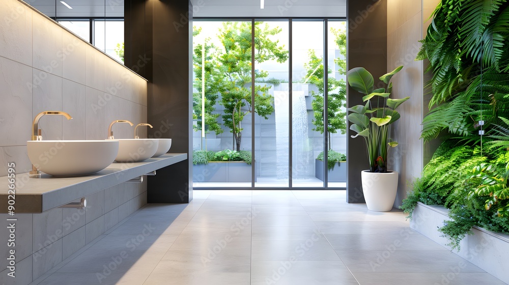 Fototapeta premium Eco-Friendly Washroom Oasis with Water-Saving Fixtures and Natural Accents for Sustainability and Serenity