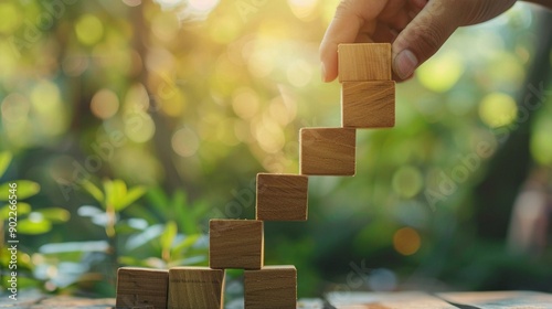 Hand Placing Wooden Block on Top of Stacked Wooden Blocks photo