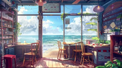 Interior of a cafe with a stunning beach view, creating a relaxed and inviting atmosphere with a coastal ambiance.
  Seamless looping 4k time-lapse virtual video animation Generated AI