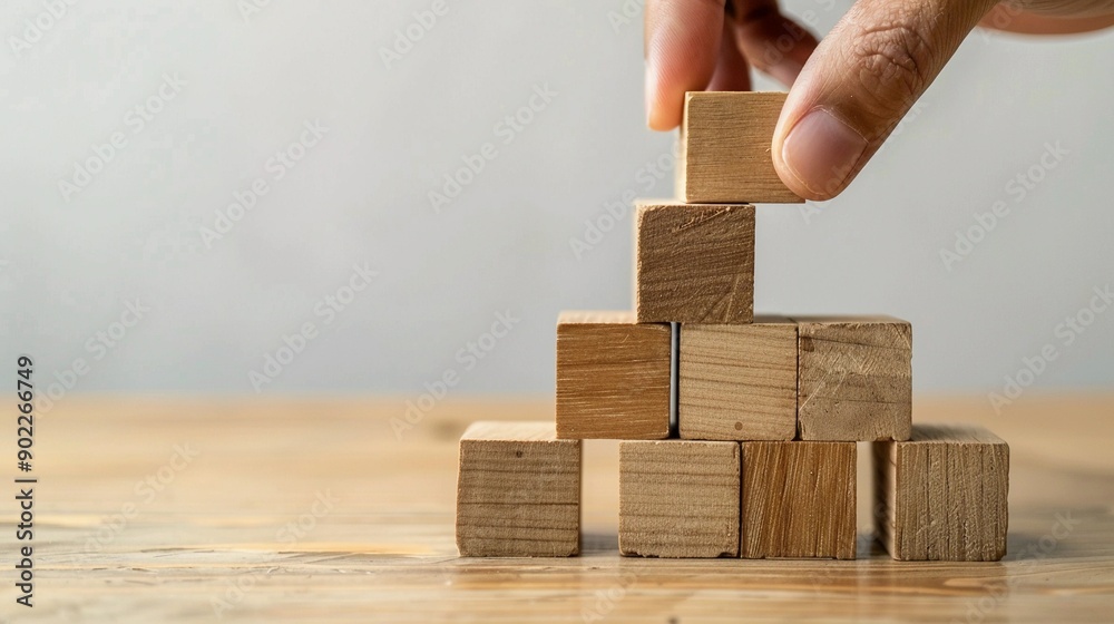Hand Placing Wooden Block on Top of Stack Hand Placing Wooden Block on Top of Stack
