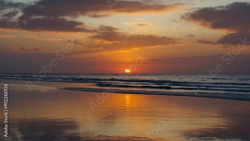 Landscape photograph capturing a serene sunset over a calm ocean and The sky is painted in gradients of warm hues