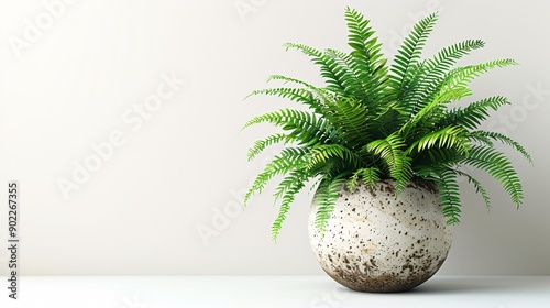 13. A minimalist image with a white background featuring a single small potted fern, centrally positioned
