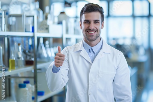 Happy Male Engineer Giving Thumbs Up in Uniform with High-Tech Lab Background