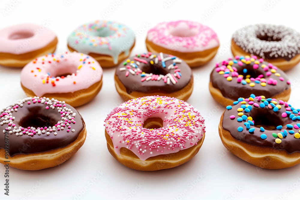 Delicious donuts of different flavors isolated on white background. Delicious donuts of different flavors isolated on white background.