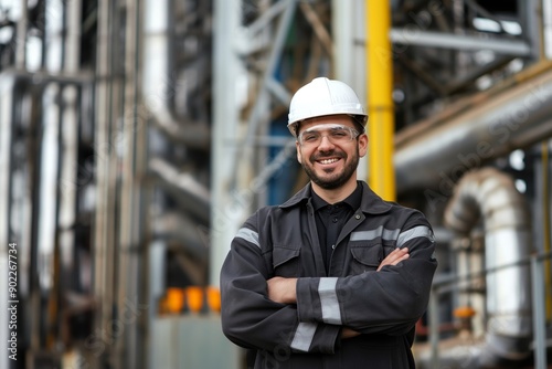 Smiling Male Engineer in Uniform Giving Thumbs Up at Industrial Plant - Confidence and Professionalism Concept