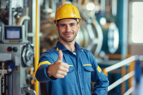 Confident Male Engineer in Uniform Giving Thumbs Up, Smiling in Modern Factory Setting