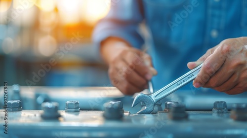 Mechanic Tightening Bolts with Wrench