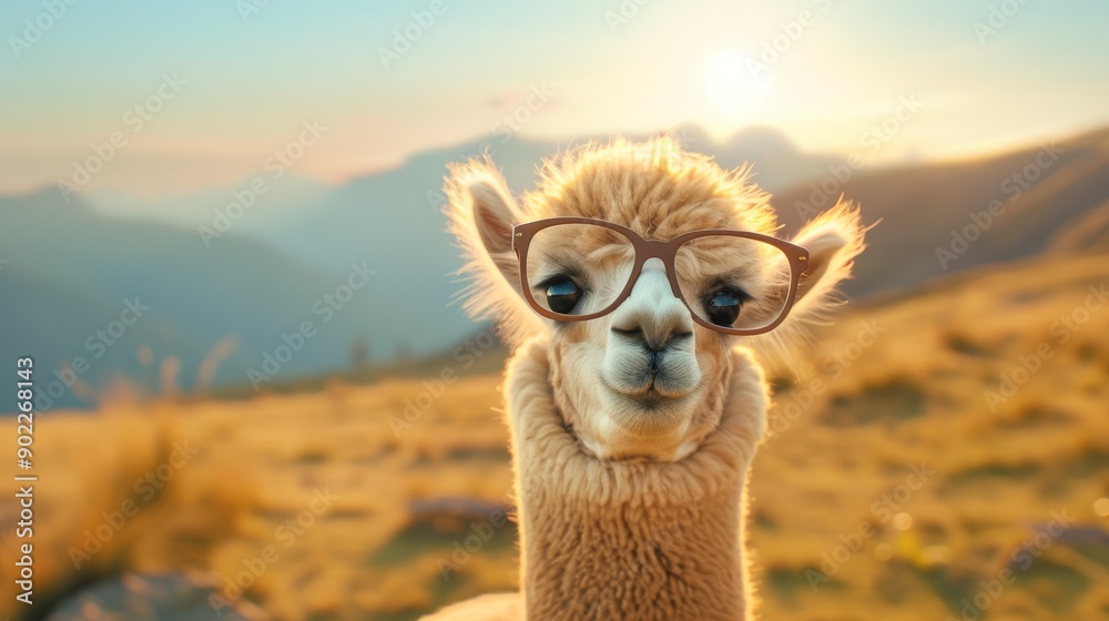 Obraz premium Funny Alpaca with Glasses in Sunset